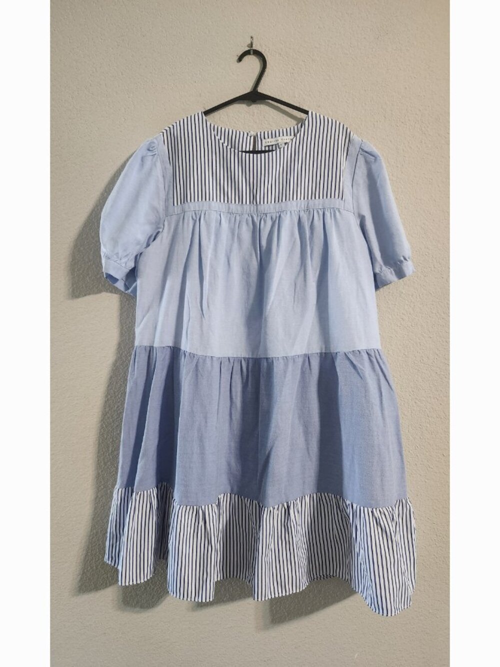 English Factory Quinn Dress Tiered Mini Swing Design Blue Striped Panels Large